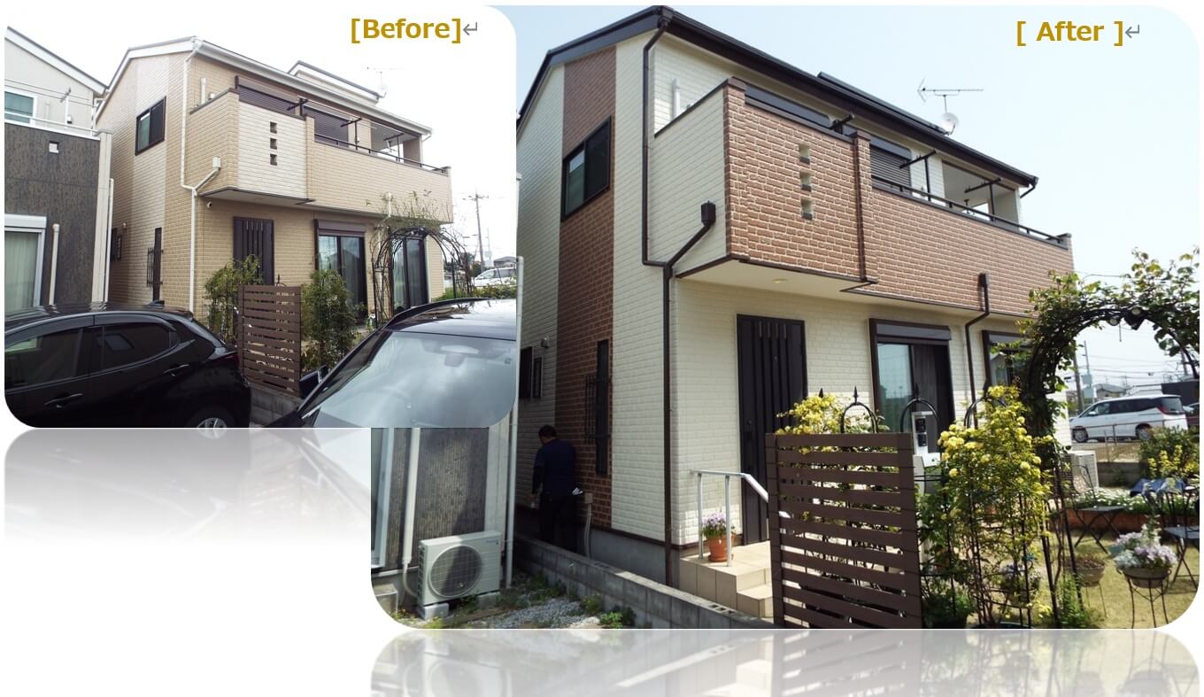JOYTOP仕上げ　サイディング外壁　２色塗分けデザイン　埼玉県外壁塗装　Before 　After